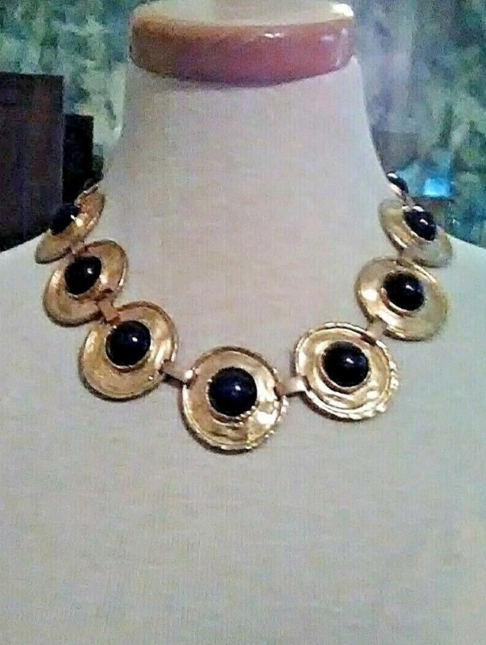 Vintage Gold Necklace with Black Center Cabochons